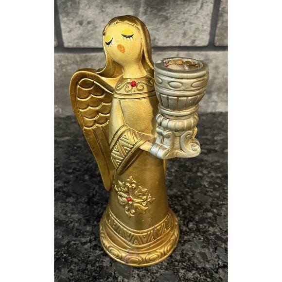 Vintage Schmid Bros Resin Angel Candlestick Taper Candleholder Gold & Silver - Picture 6 of 8